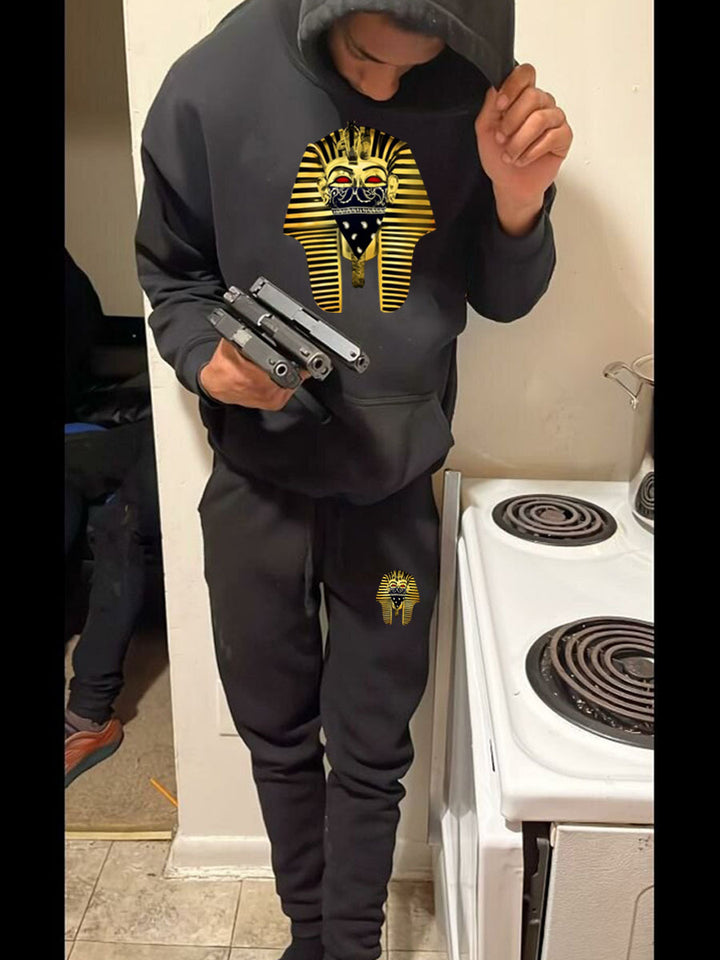 Men's hooded sweatshirt and jogger pants set with artistic pharaoh pattern Lune London