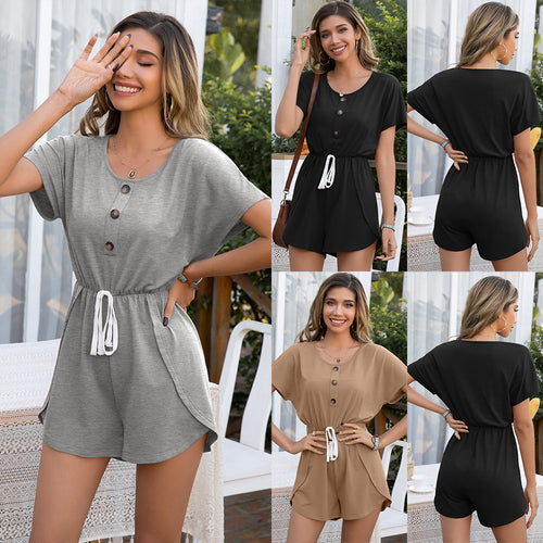 Ladies elegant short jumpsuit with button details and adjustable waist tie Amarae