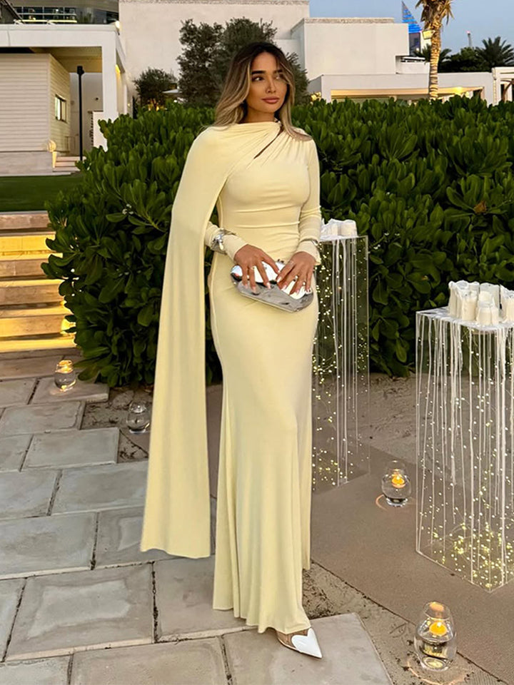 Women's Tailored Maxi Dress with Asymmetric Cape and High Collar Amarae