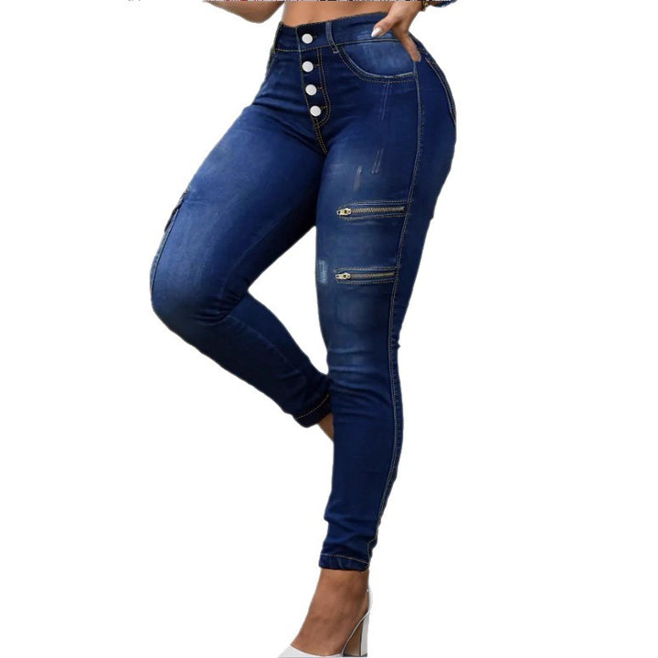 Women's High-Waisted Skinny Jeans with Cargo Zipper Pockets & Button Closure Amarae