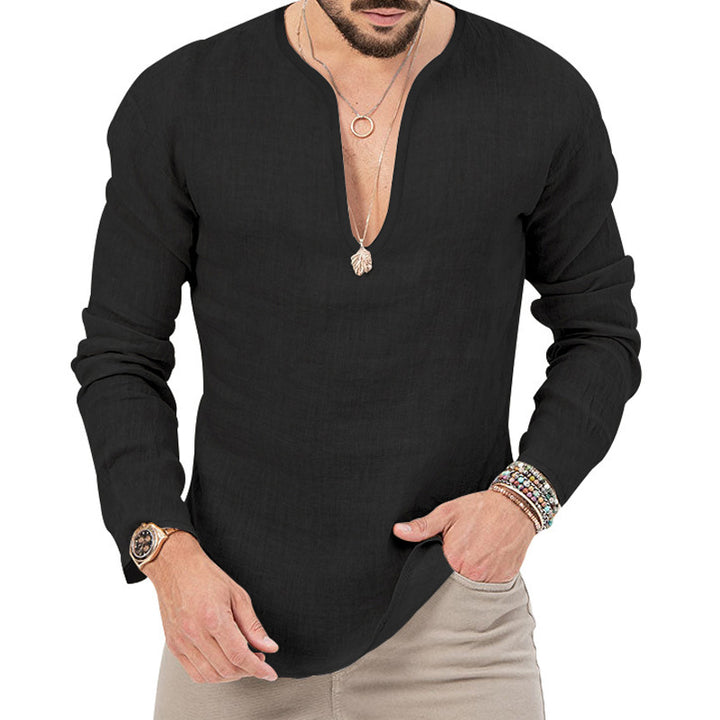 Men's casual linen shirt with deep V-neck and comfortable fit Lune London
