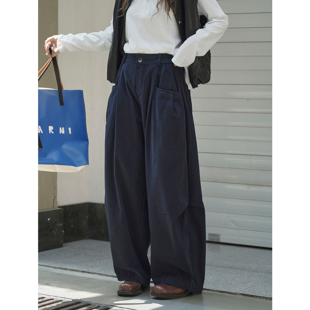 Women's wide corduroy trousers with high waist, patched pockets, and elastic hem Amarae