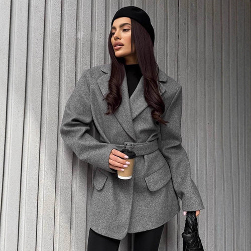 Women's short coat in blazer style made of wool blend with waist belt & flap pockets Amarae