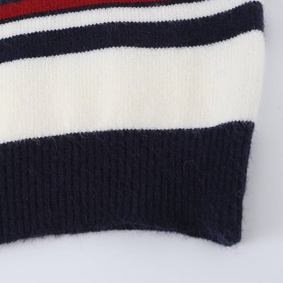 Women Striped Short Cardigan with Round Neck, Button Placket and Ribbed Cuffs Amarae