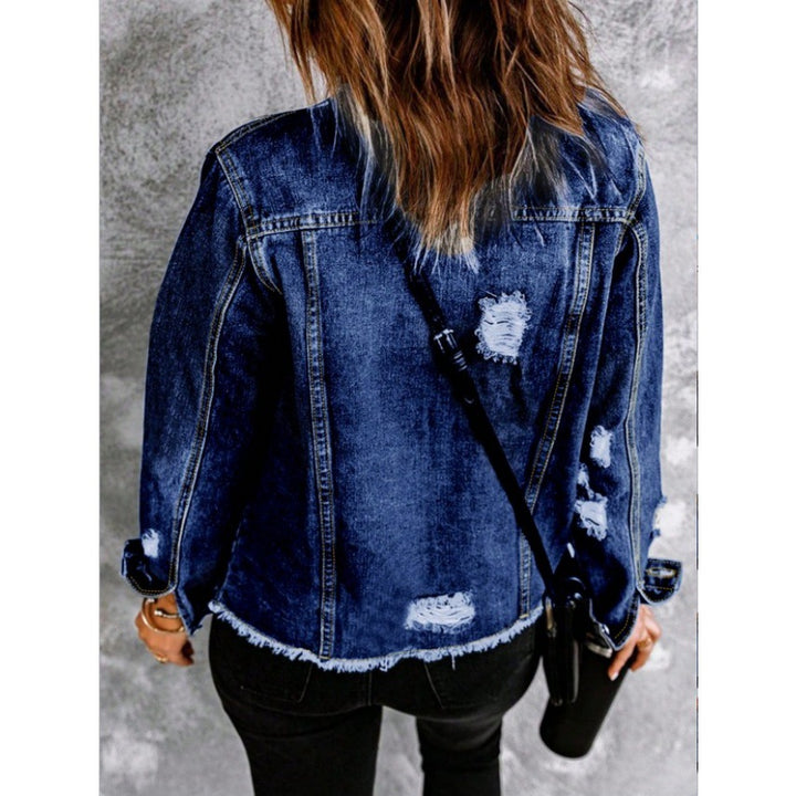 Women Tailored Denim Jacket with Destroyed Accents, Patch Pockets, and Visible Quilted Stitching Amarae
