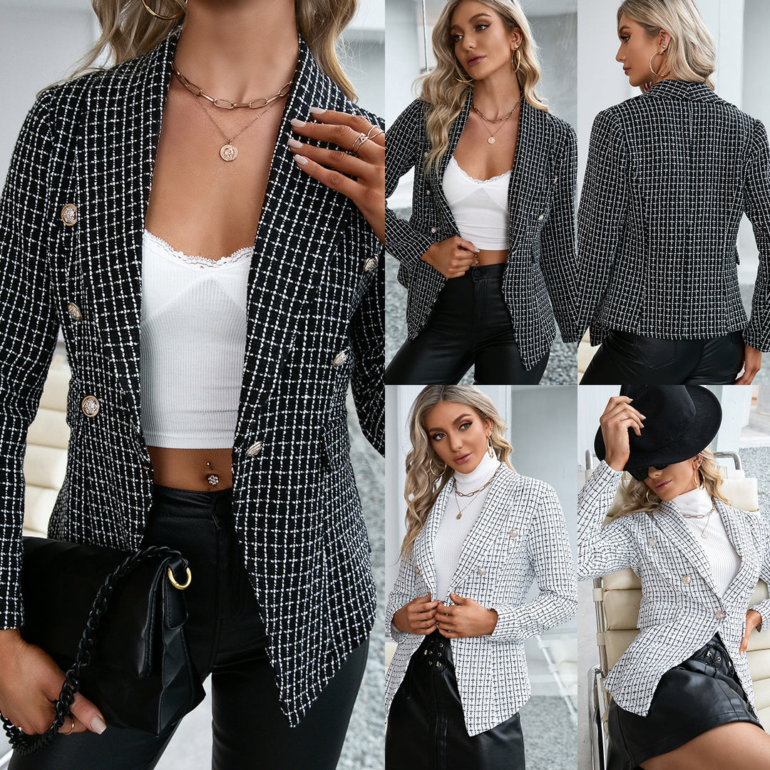 Elegant blazer jacket for women with textured check pattern and stylish buttons Lune London