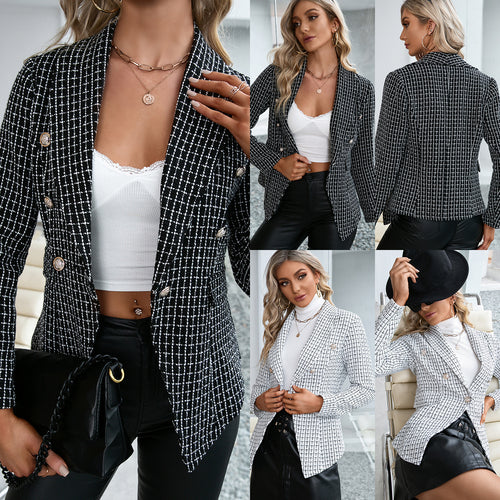 Elegant blazer jacket for women with textured check pattern and stylish buttons Amarae