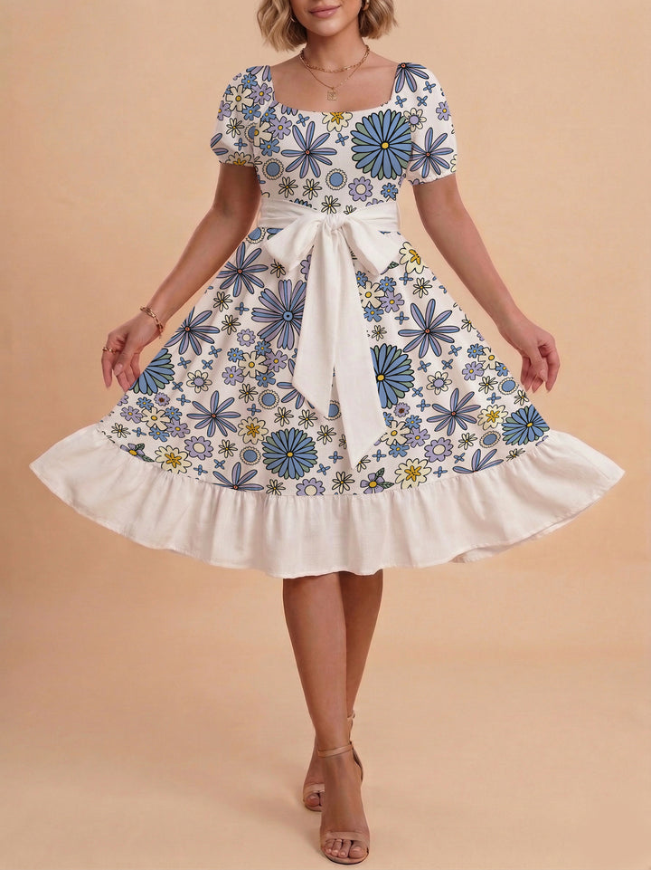 Women's floral dress with adjustable belt and voluminous sleeves Lune London
