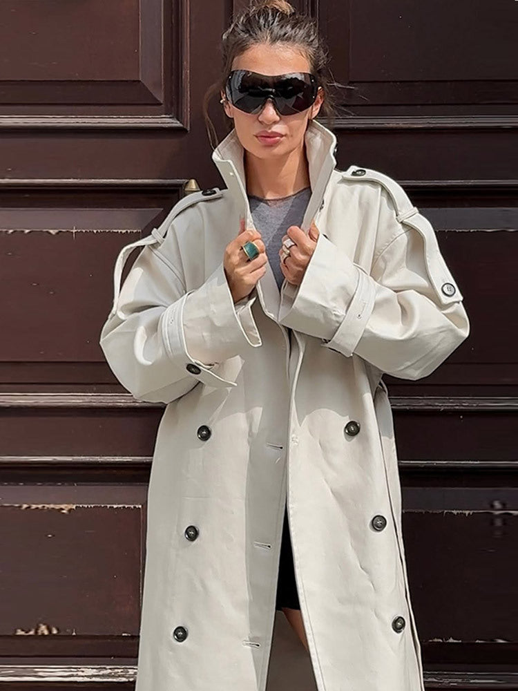 Women's waistless long trench coat in oversized cut with double button placket and shoulder epaulettes Amarae