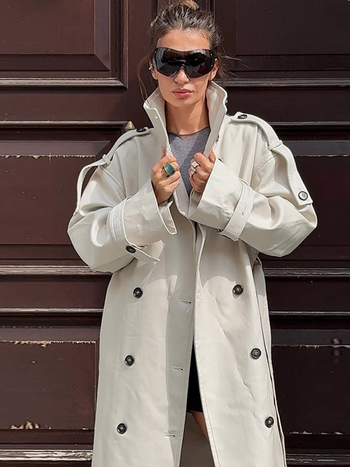 Women's waistless long trench coat in oversized cut with double button placket and shoulder epaulettes Amarae