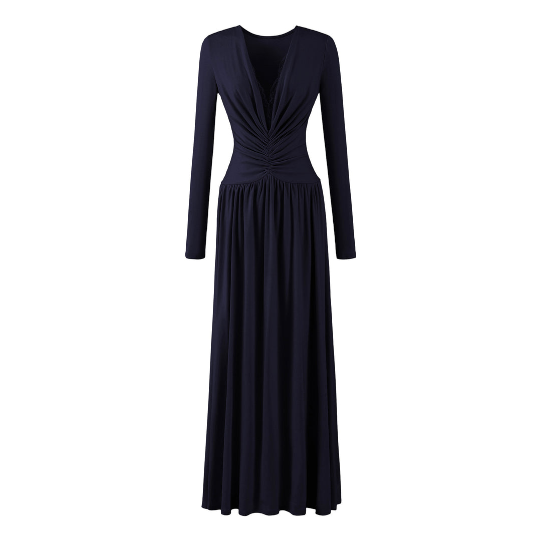 Women Maxi Dress with Ruched Wrap Top, Deep V-Neck and Lace Trim Amarae