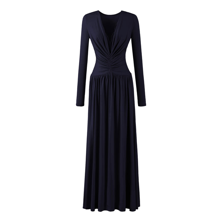 Women Maxi Dress with Ruched Wrap Top, Deep V-Neck and Lace Trim Amarae