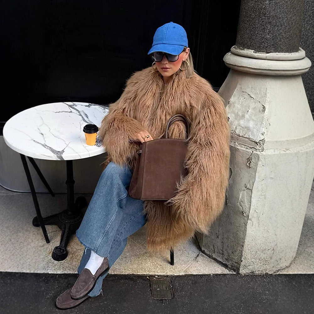 Women's Oversized Shaggy Faux Fur Coat with Long Pile Texture and Concealed Button Placket Amarae