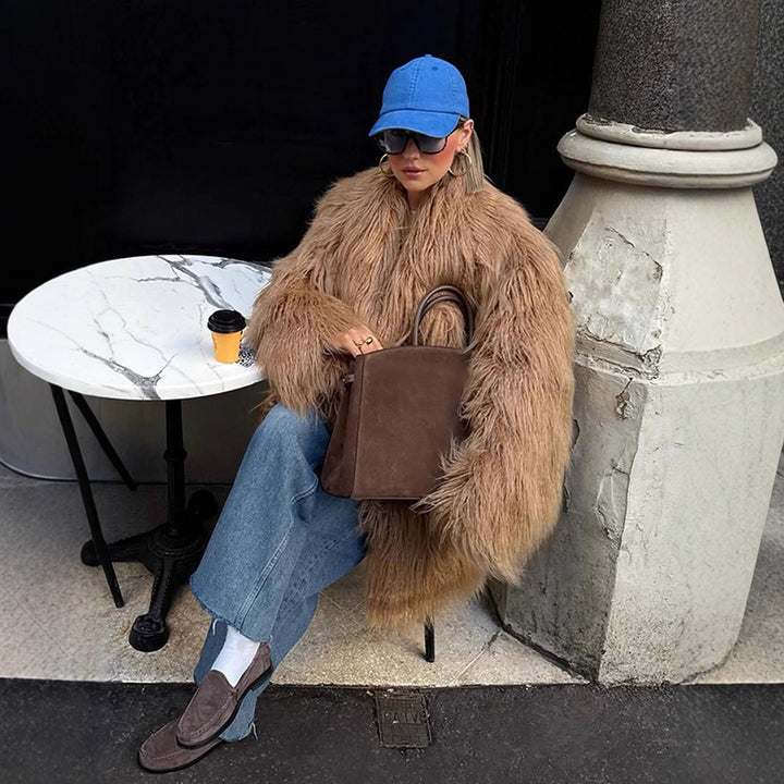 Women's Oversized Shaggy Faux Fur Coat with Long Pile Texture and Concealed Button Placket Amarae