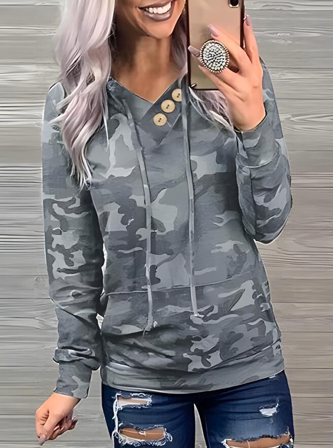 Casual hoodie for women with button details and modern camouflage pattern Lune London
