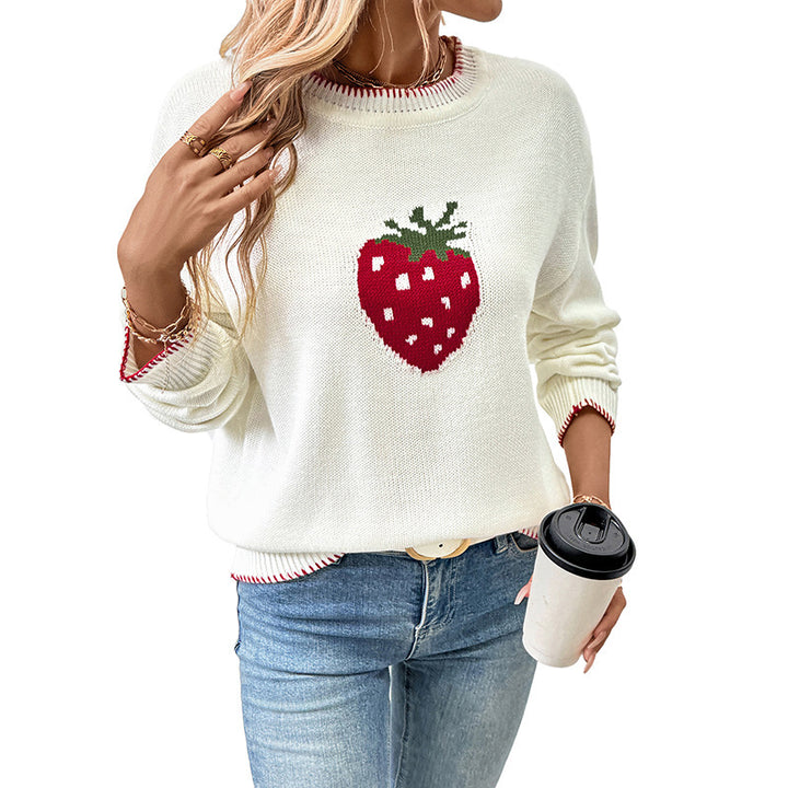 Knitted sweater for women with strawberry fruit pattern and relaxed fit Lune London