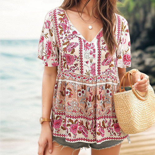 Boho flower tunic top for women with button detail Amarae
