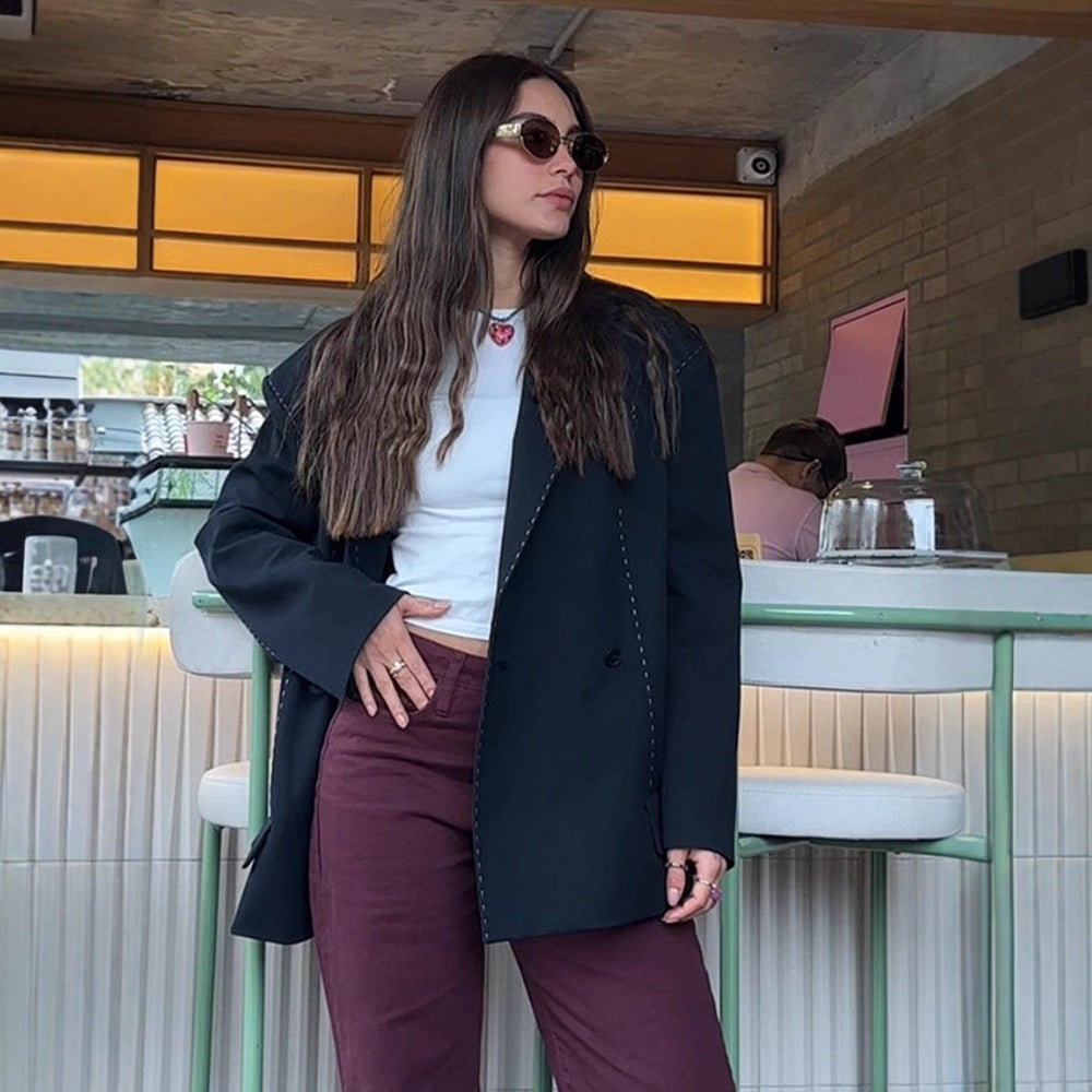 Women Oversized Two-Piece Boxy Blazer and Wide Pleated Trousers with Decorative Stitching Amarae