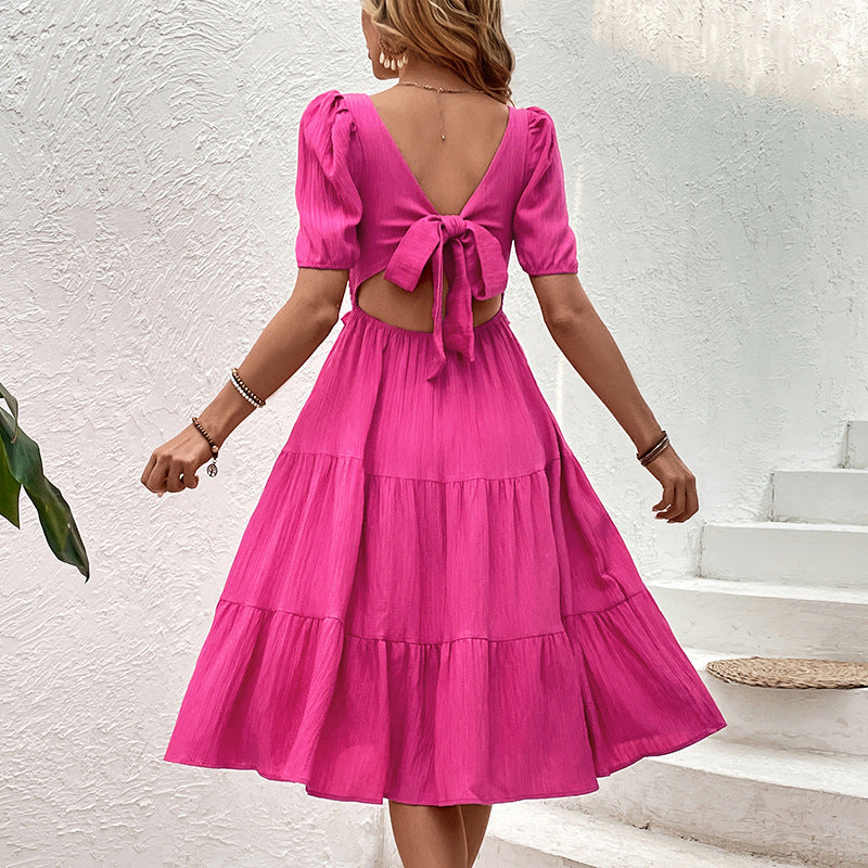 Lune London Women's Ruffled Midi Dress with Puff Sleeve Detail
