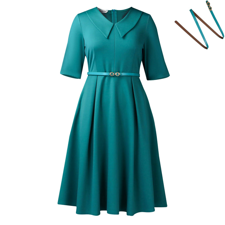 Elegant skater dress for women with collar and belt at the waist Lune London