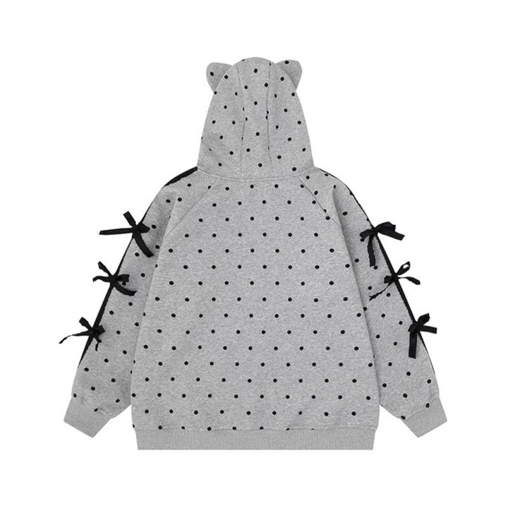 Women's hooded sweatshirt jacket with polka dot all-over, cat patch, bow sleeves and ear hood Amarae