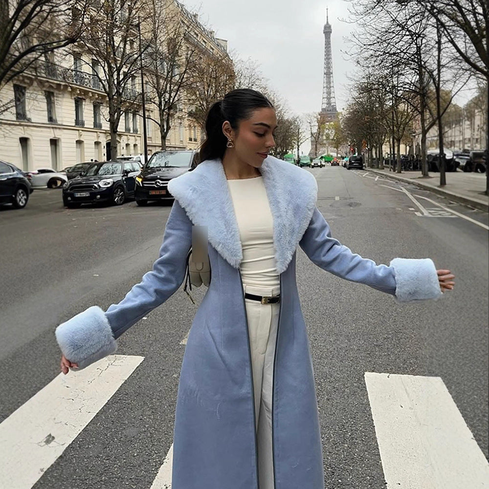 Women Elegant long-cut coat made of velour look with voluminous faux fur shawl collar Amarae