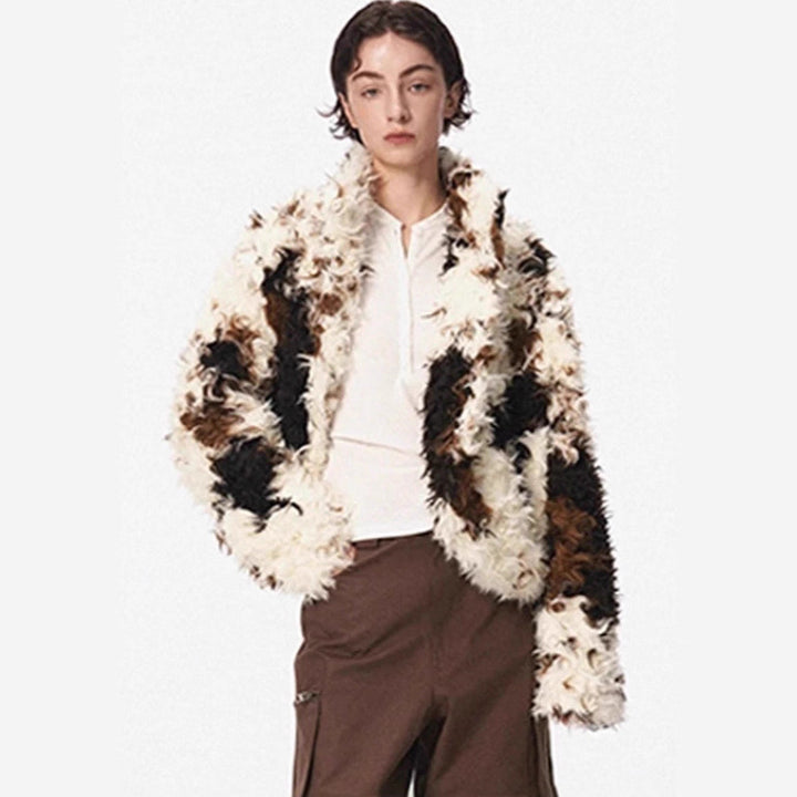 Women's Short Shaggy Faux Fur Bomber Jacket with Textured Patchwork Look Amarae