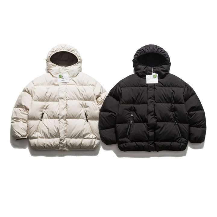 Unisex Short Boxy Puffer Jacket with Oversized Hood, Concealed Front Placket and Zipper Pockets Amarae