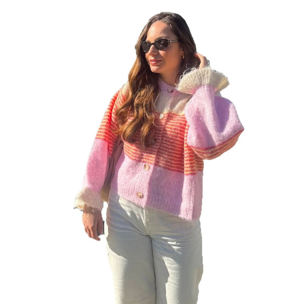 Women's Short Knit Cardigan made of Mohair Blend with Stripes, Button Placket and Balloon Sleeves Amarae