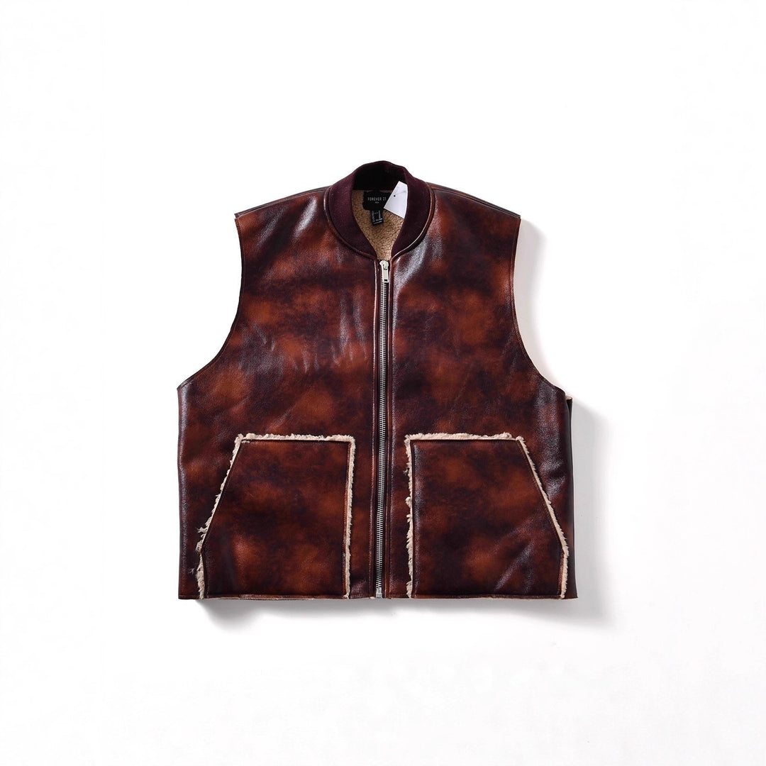 Men's Sleeveless Lambskin Look Vest with Zipper and Patch Pockets Amarae