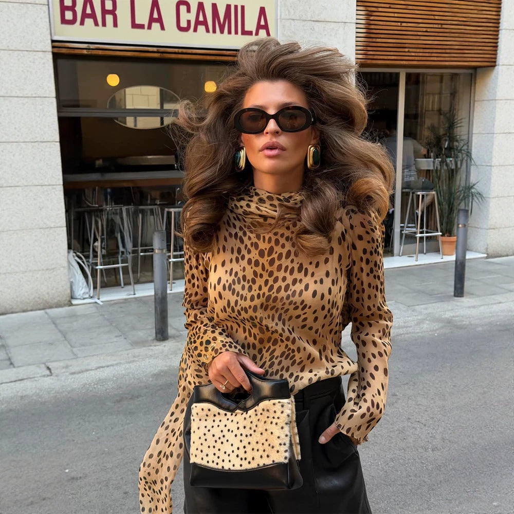 Women's Transparent Chiffon Blouse with Long Shawl Collar and Animal Print Amarae