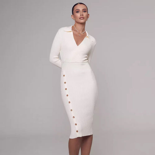 Knit dress for women with an elegant V neck and Amarae button details