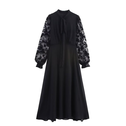 Maxi dress for women with floral lace top and elegant tie belt Amarae
