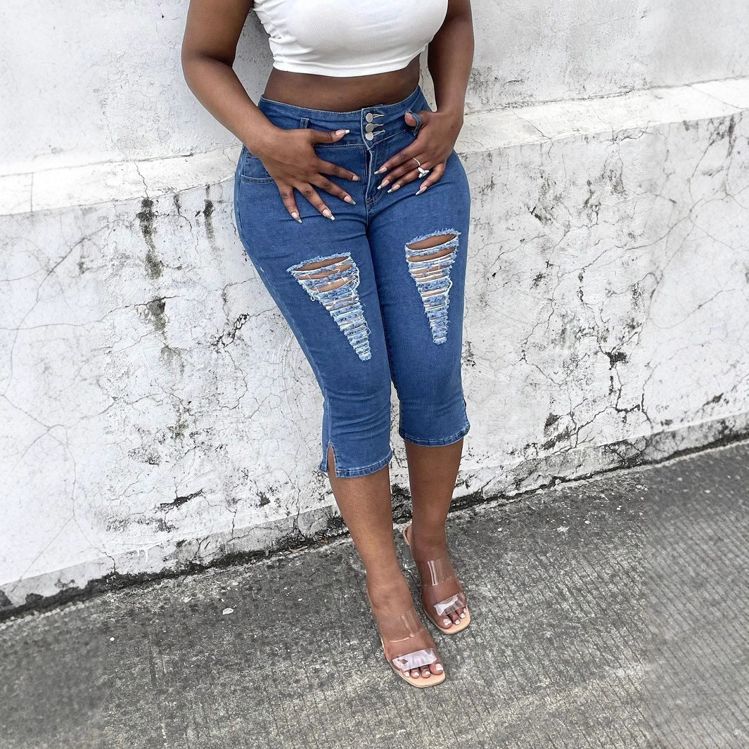 Women's high-waisted, three-quarter length stretch jeans with destroyed inserts and side seam slit Amarae