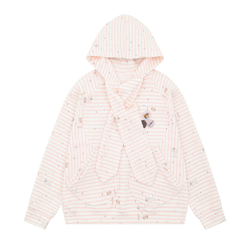 Women Cozy Hooded Oversized Sweater with Integrated Bow Scarf and Patch Pockets