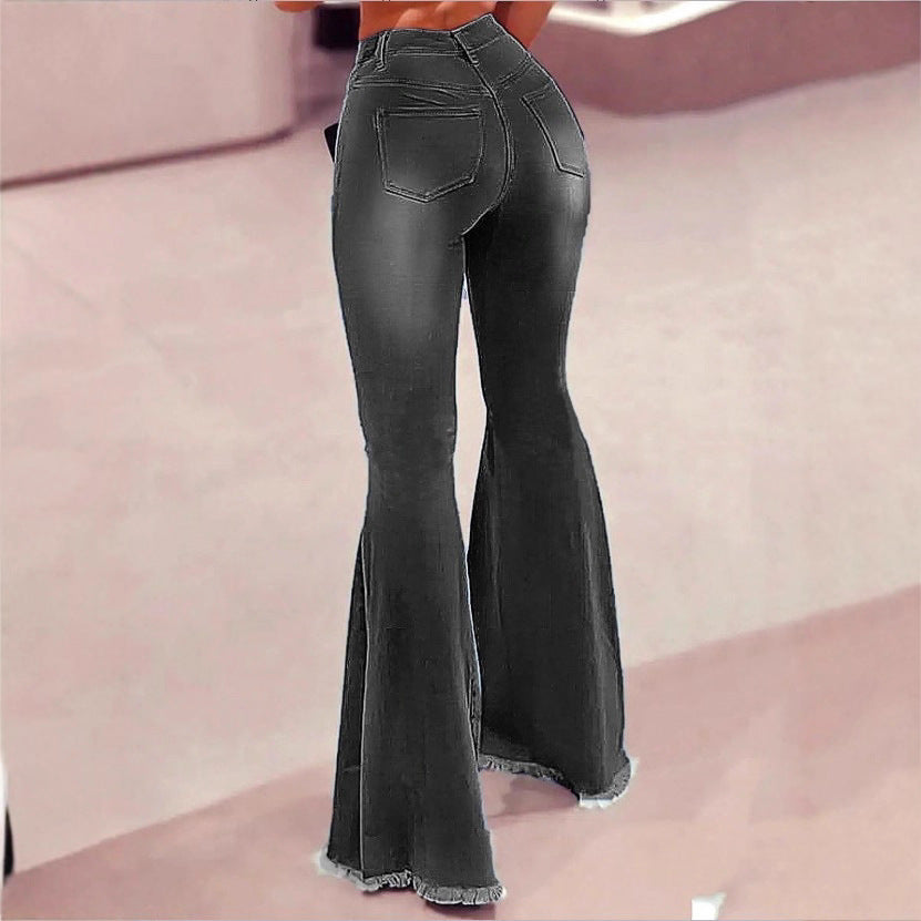 Women's High-Waisted Flared Jeans with Knee Rips, Frayed Hem and Flared Leg Amarae
