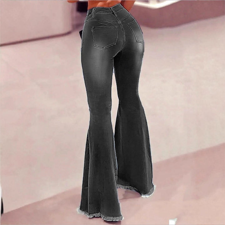 Women's High-Waisted Flared Jeans with Knee Rips, Frayed Hem and Flared Leg Amarae