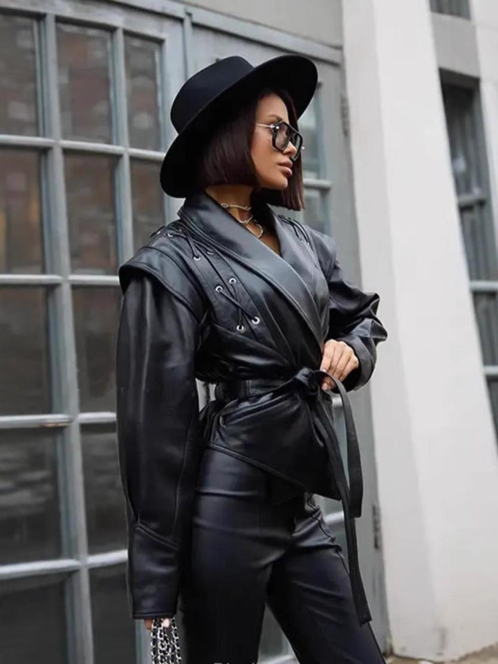 Trendy women's biker jacket with decorative lace details and an elegant waist Lune London