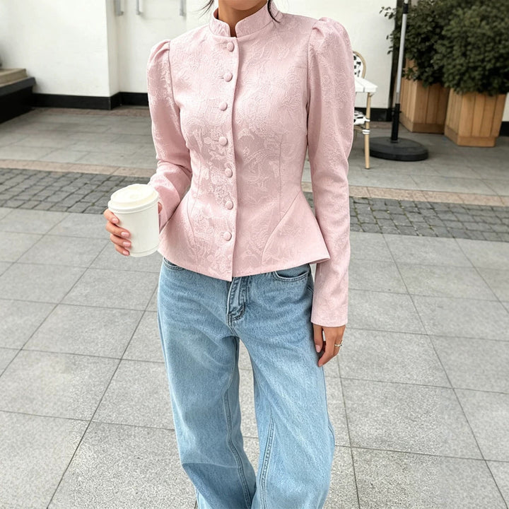Women tailored jacquard blouse with stand-up collar and decorative button placket Amarae