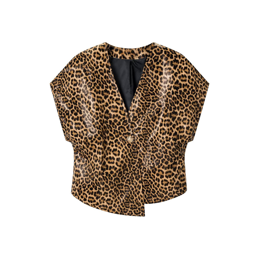Women Tailored Blazer Vests with Deep V-Neck and Leopard Print Amarae