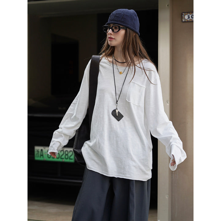 Women's Loose Slub-Jersey Long Sleeve Shirt with Chest Pocket and Casual Hem Amarae