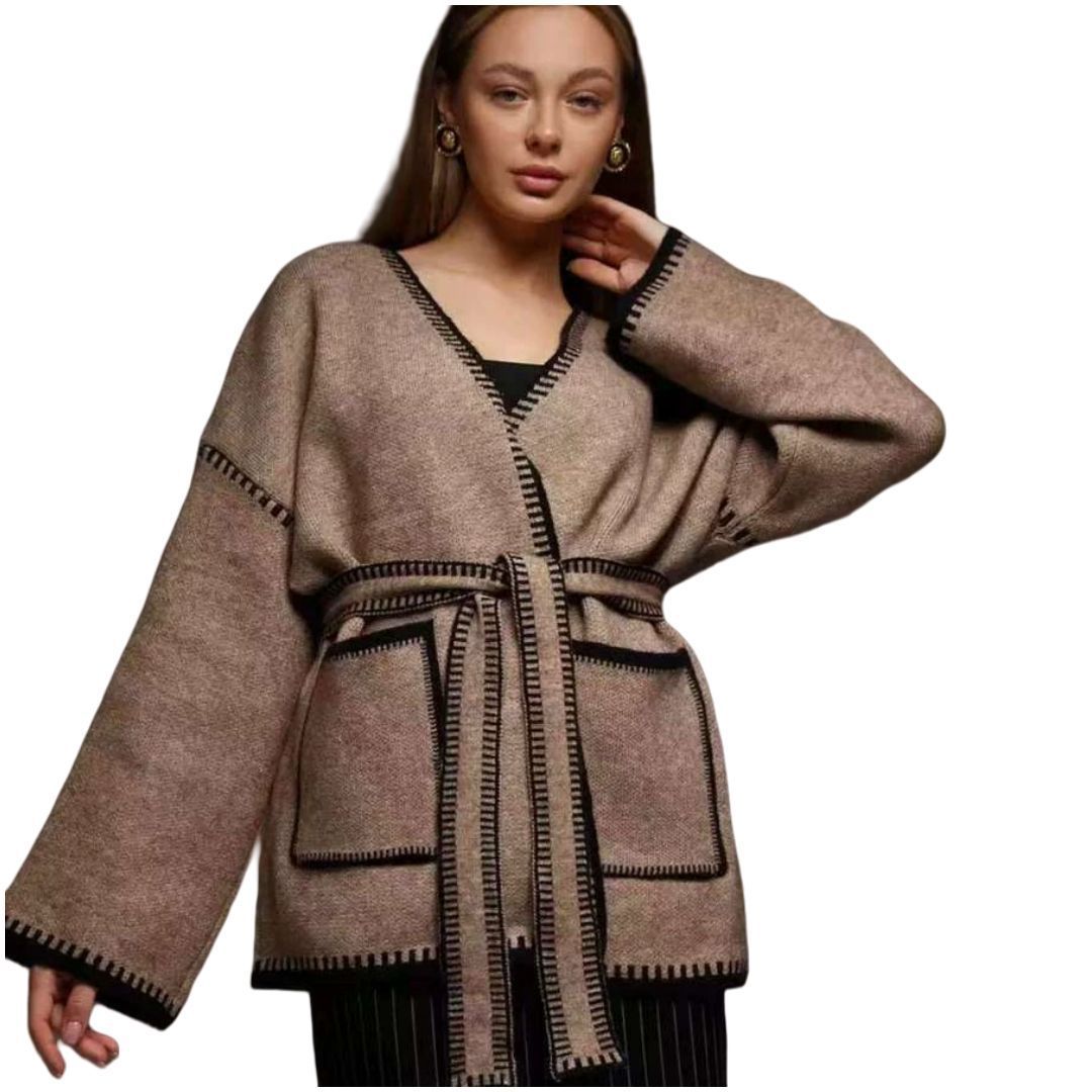 Thick knitted coat for women with practical belt and pockets Lune London