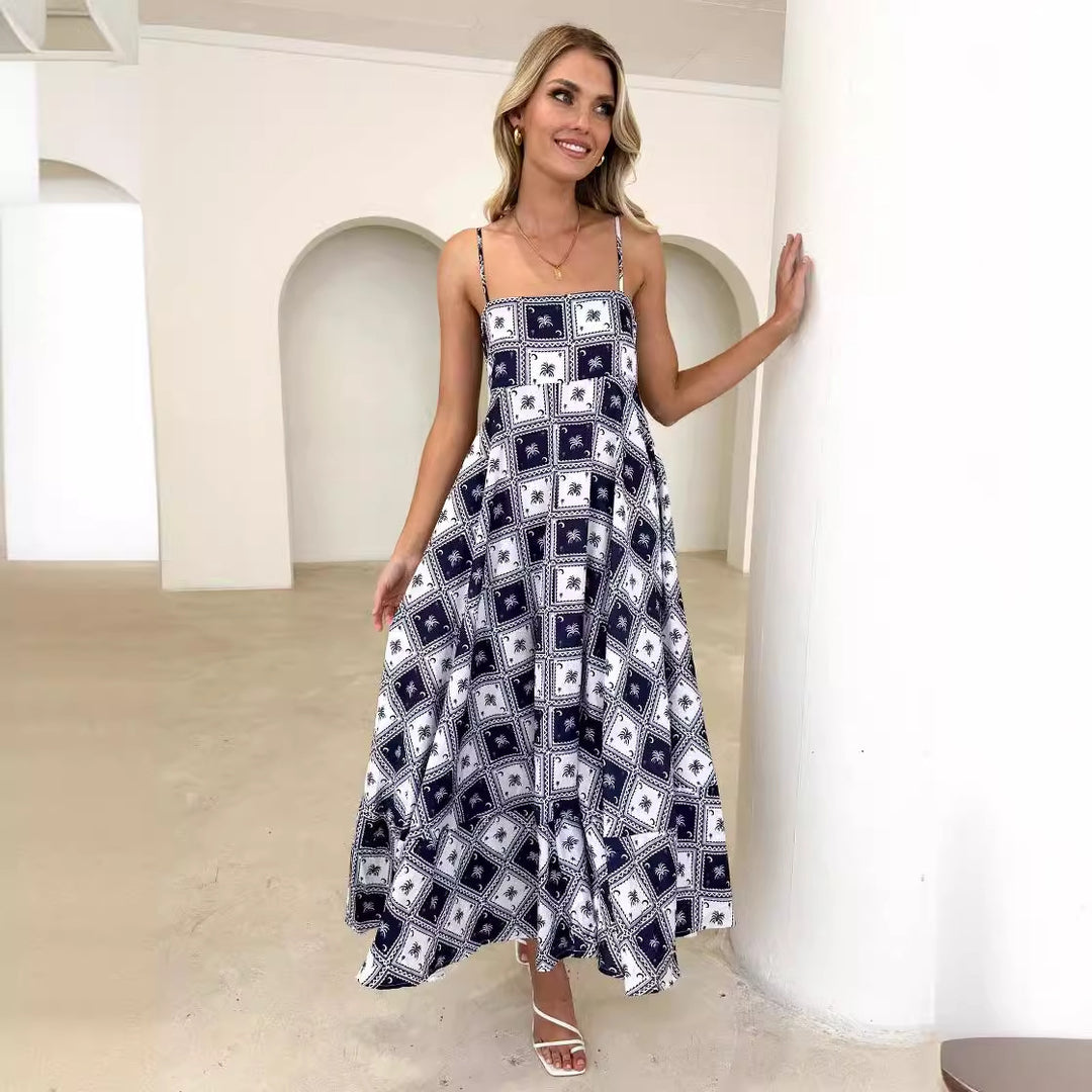 Ladies maxi dress with modern graphic patterns and thin straps Lune London