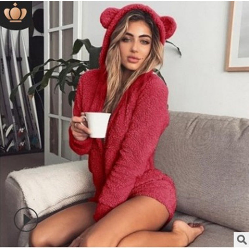 Ladies Cozy Teddy Playsuit with Hood and Bear Ears Amarae