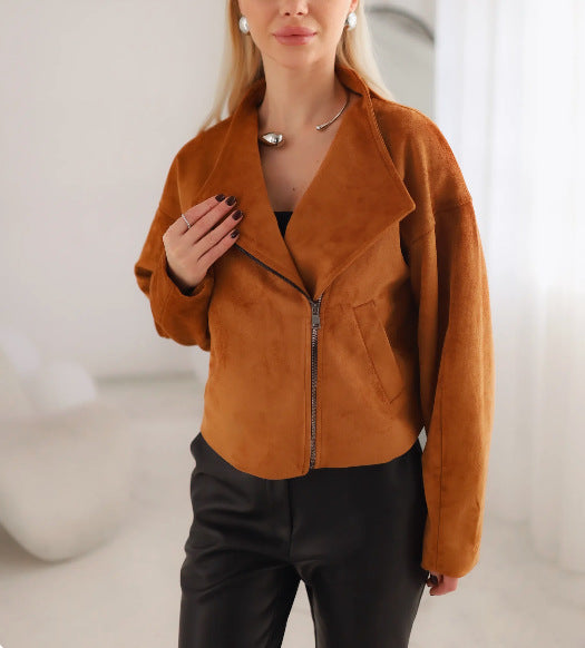 Trendy short jacket for women with a casual biker style featuring an asymmetrical zipper and a large collar Lune London