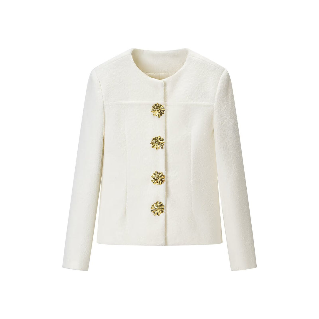 Women's Tailored Boucle Short Jacket with Round Neckline and Gold Decorative Buttons Amarae