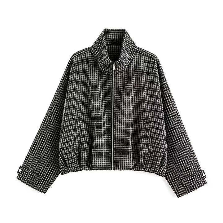 Women's Cropped Transition Jacket with High Funnel Collar, Check Pattern and Elastic Hem Amarae