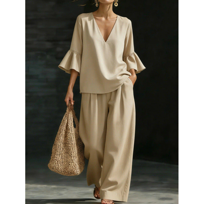 Women's Two-Piece V-Neck Tunic Set with Ruffle Sleeves and Wide High-Waisted Palazzo Pants Amarae