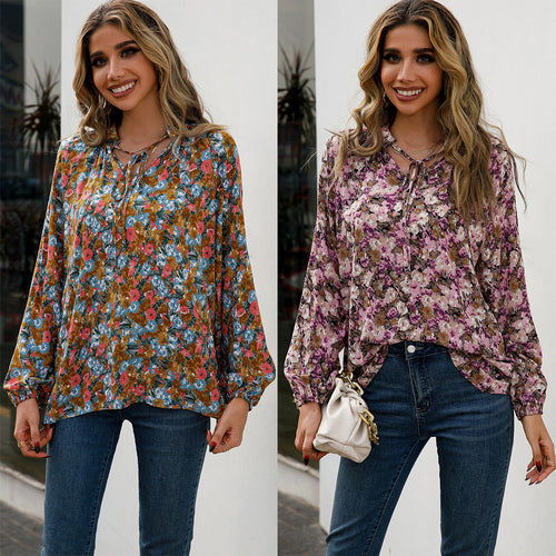Casual blouse for women with floral patterns and elegant ruffle details Amarae