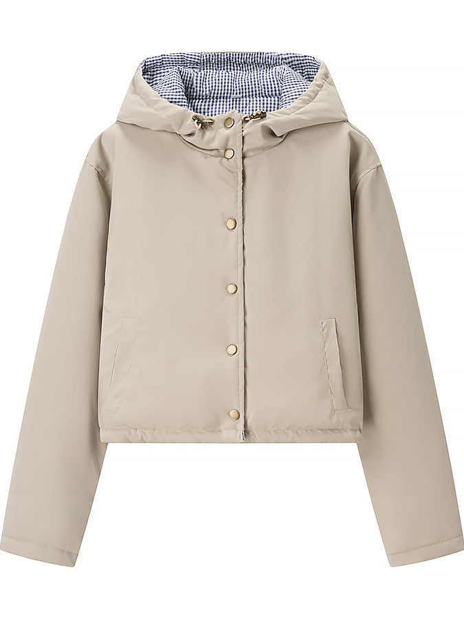 Stylish transition jacket for women with hood and snap button closure Lune London